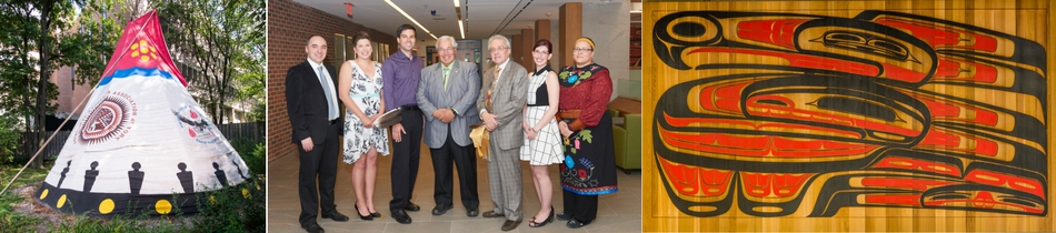 collage photo of teepee, indigenous graduates and indigenous art carving