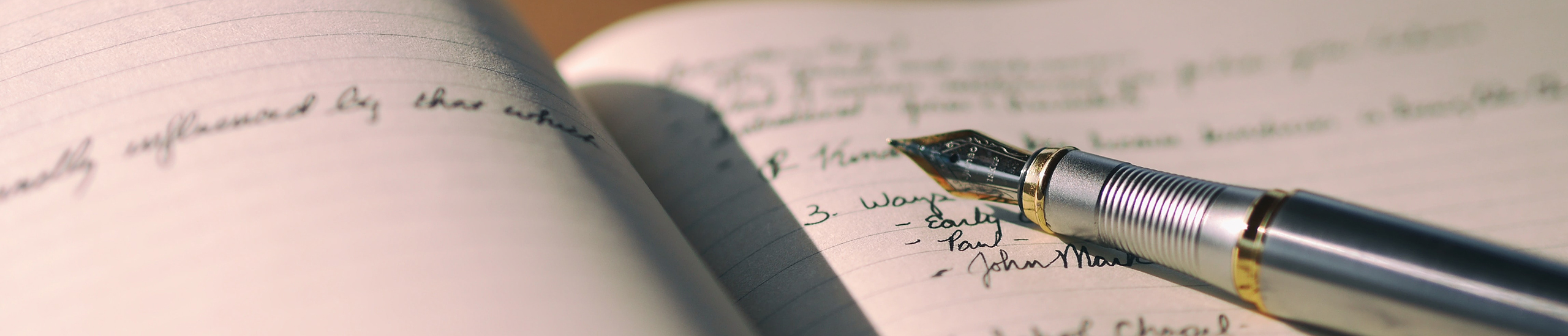 A fountain pen rests on a journal.