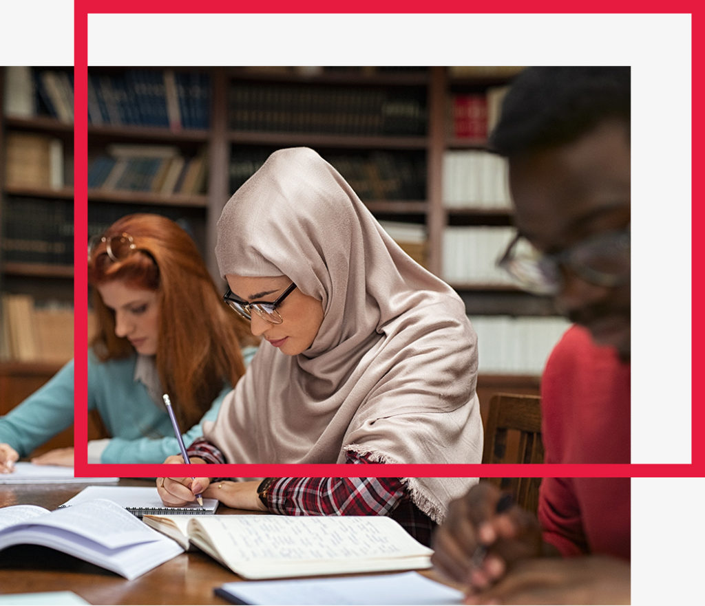 Students study in a library.