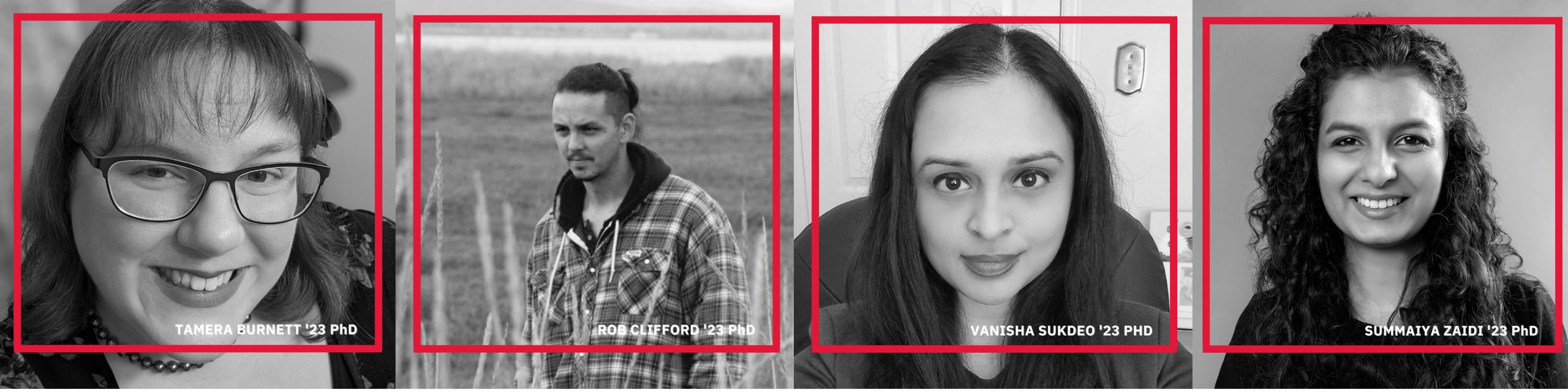 Photos of 2023 Osgoode PhD in Law graduates, Tamera Burnett, Robert Clifford, Vanisha Sukdeo and Summaiya Zaidi