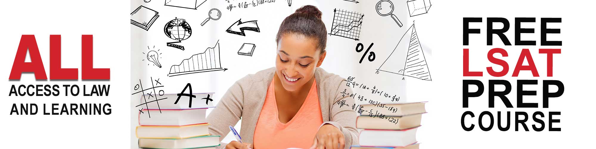 Girl studying with books in front of her and graphic study images behind her