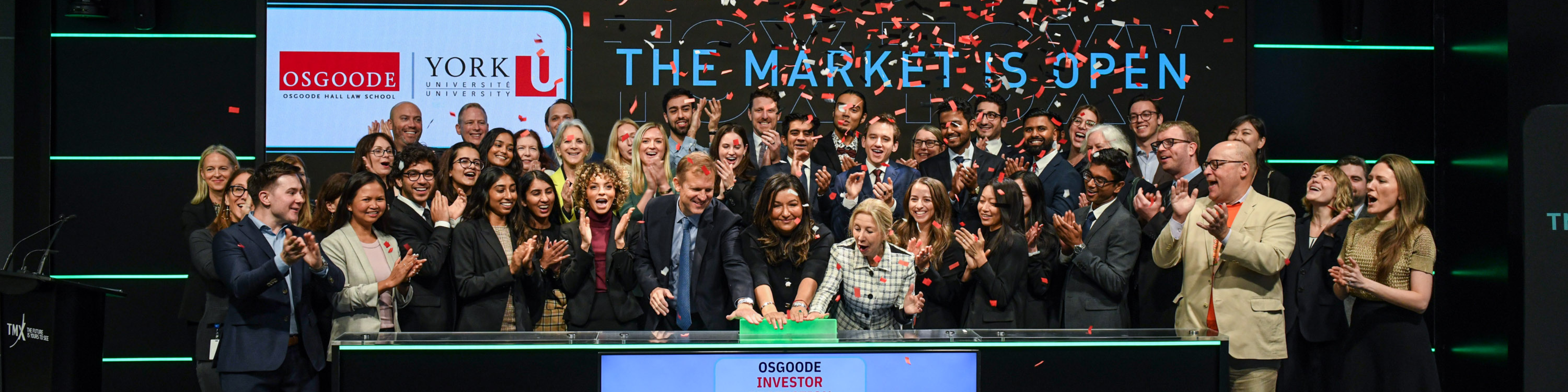 Group photo of Osgoode Investor Protection students, alumni and leaders opening Toronto Stock Exchange on Friday, Sept. 29, 2023