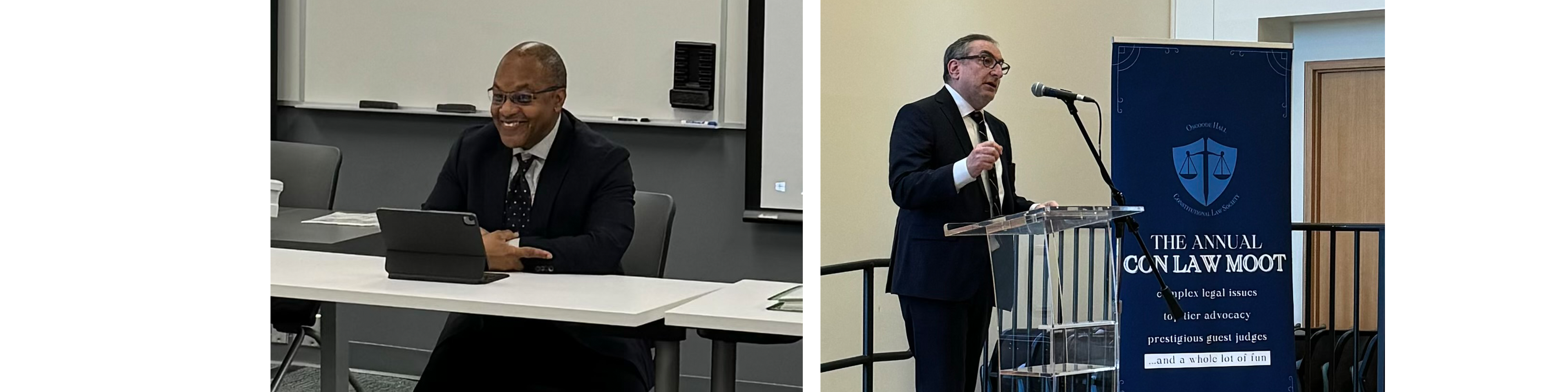 Chief Justice Tulloch sitting at a table addressing an audience. Second photo of Justice Sossin on stage addressing audience.